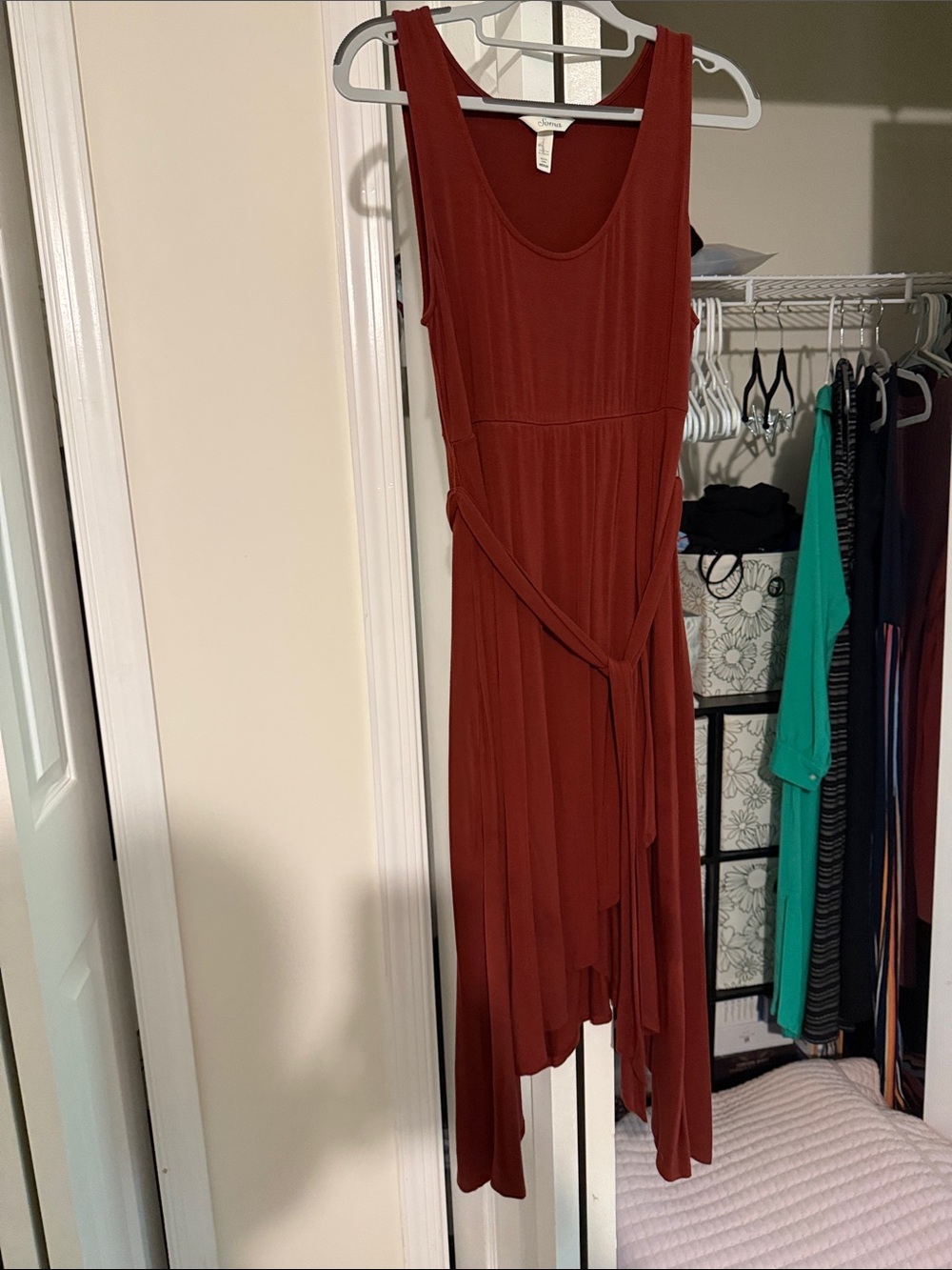 Soma Sleeveless Asymmetrical Midi Dress in Rust with Waist Tie